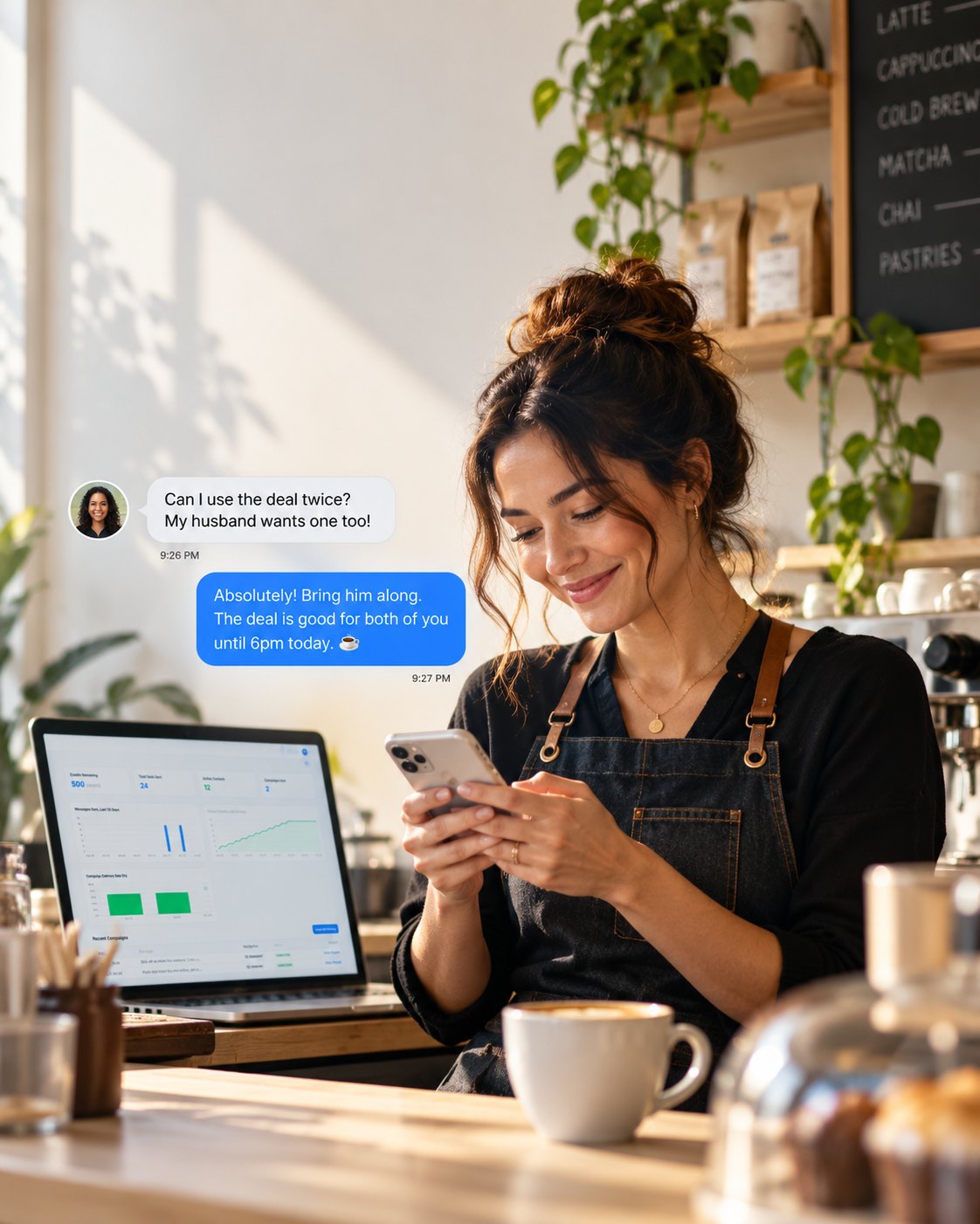 A cafe owner at her counter replying to a customer's text, her Memorable dashboard open on the laptop beside her