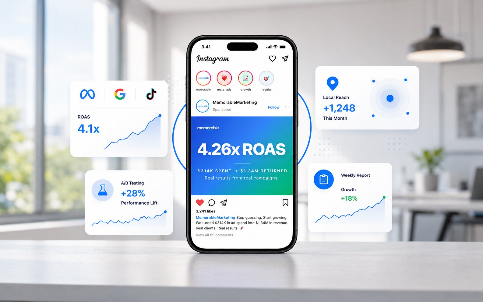Find your next 1,000 customers: paid campaigns on Meta, Google, and TikTok with 4.1x ROAS, 1,248 conversions, and $3.21 cost per result